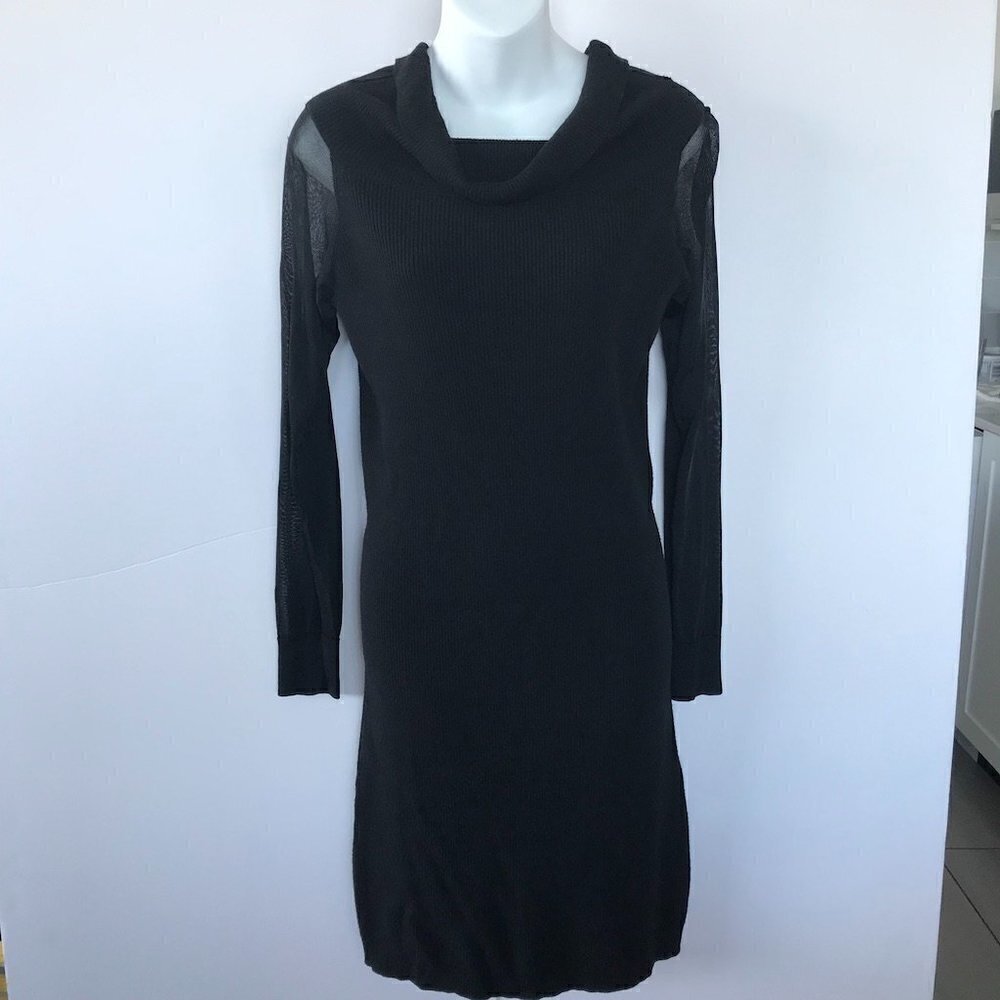 H by HALSTON LBD, black stretchy knit dress, cowl neck, mesh sleeves, sz M
